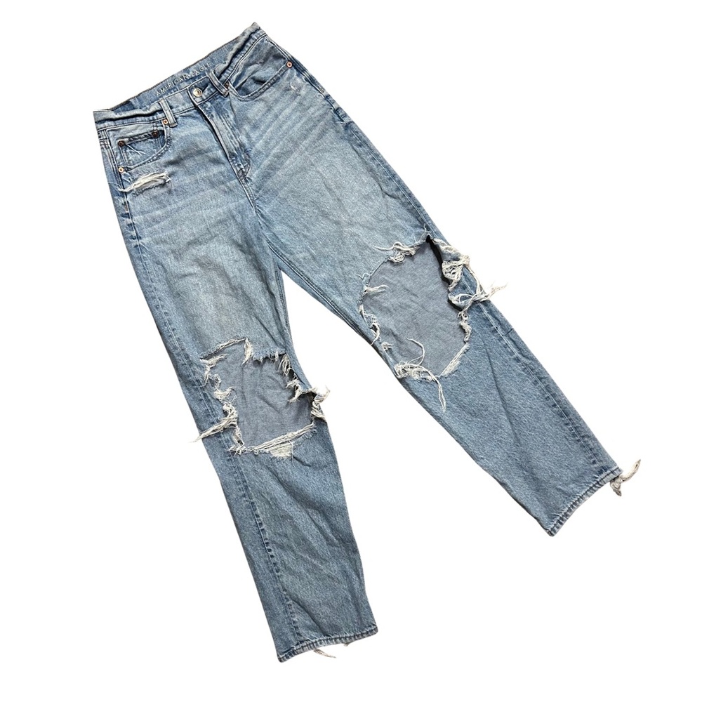 American Eagle Highest Rise Baggy Straight Strigid Distressed Ripped Jeans